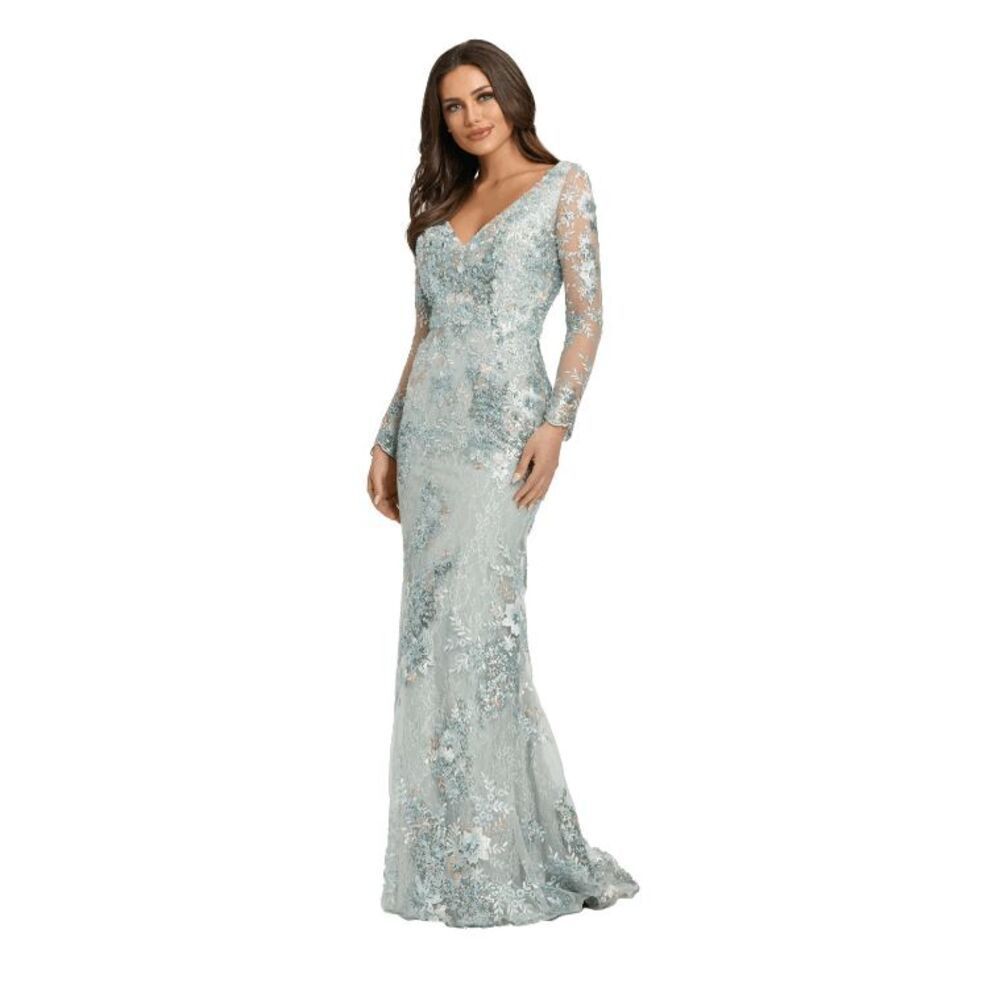 Mac Duggal NWT $698 size 8 EMBELLISHED V NECK ILLUSION LONG SLEEVE GOWN style 67